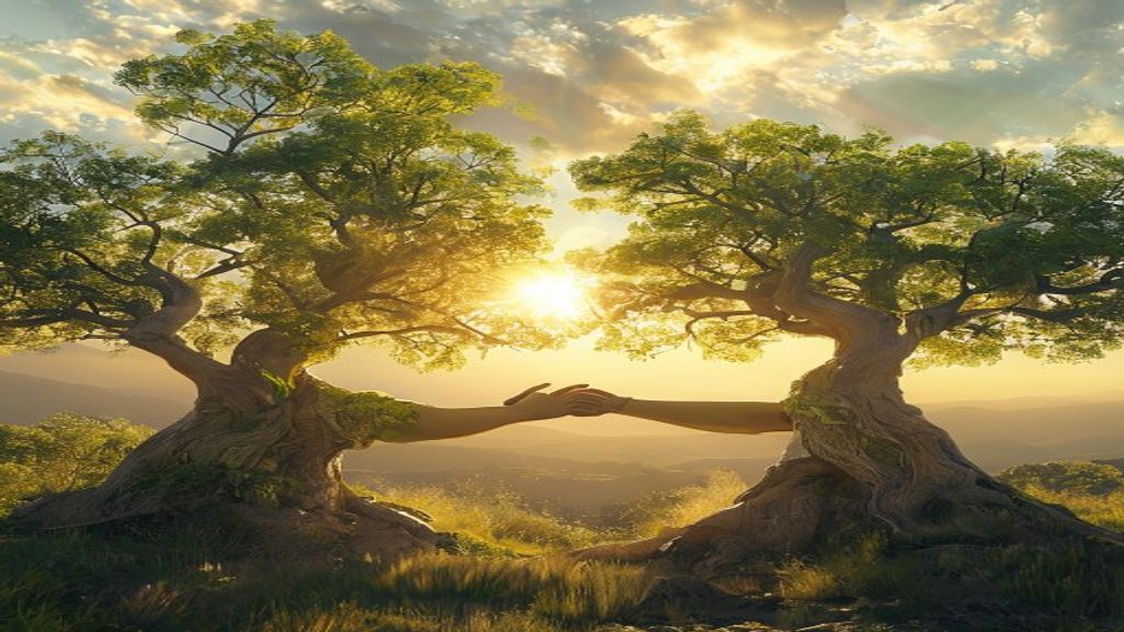Two trees shaking hands - partnership and growth
